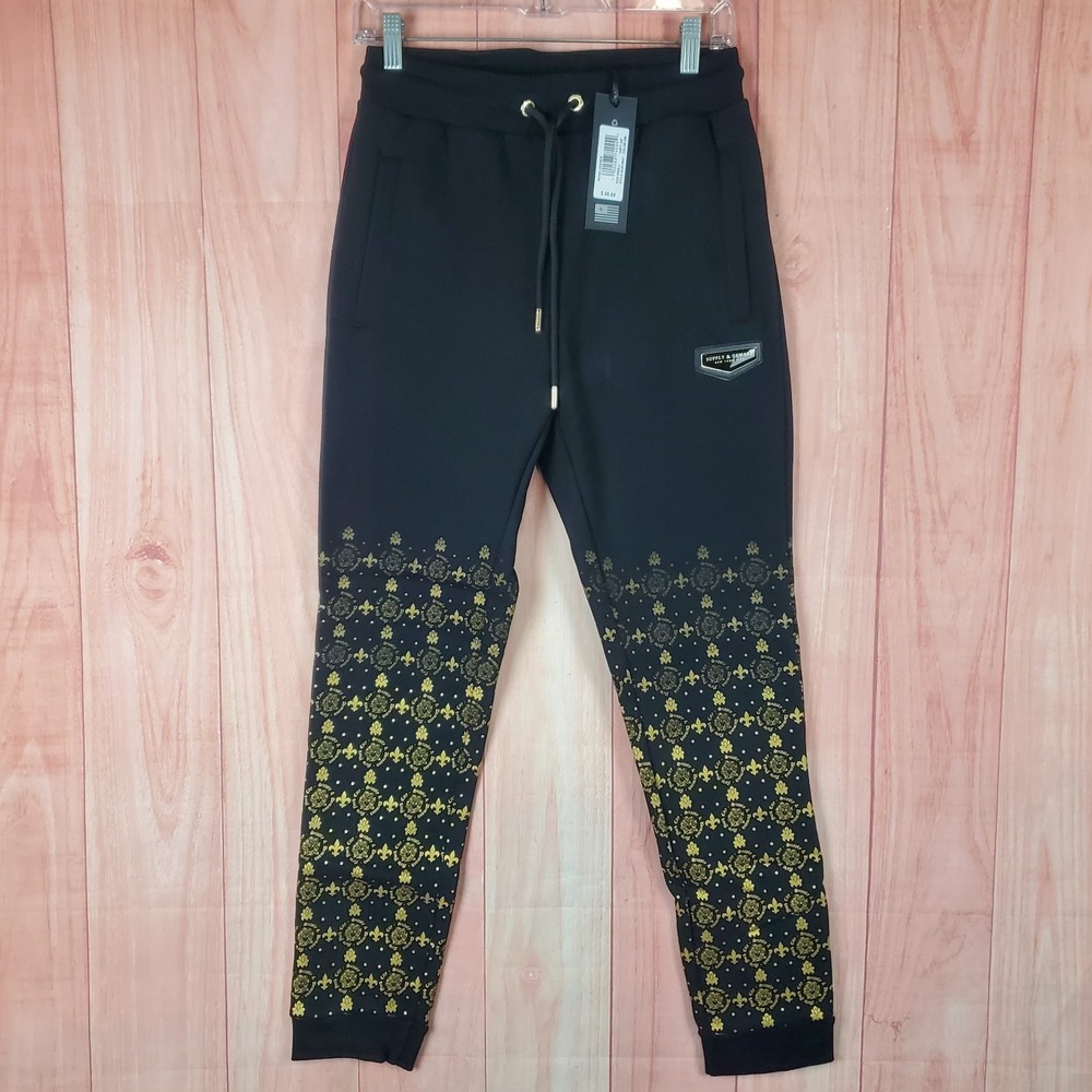 Supply & Demand Monogram Jogger Pants Mens Small Black Fleur de Lis Medusa Print